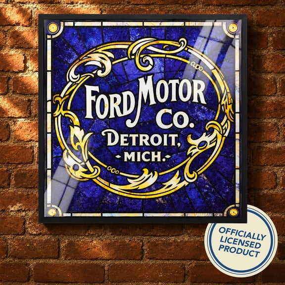 Ford Motor Co. Framed Stained Glass Style Wall Decor Sign, Vintage Automotive Art, Retro Car Wall Hanging for Man Cave, Garage, Bar, Office, Classic Car Collector Gift for Men