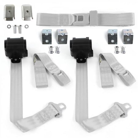 Ford Mustang 1967-1970 Standard 2 Point Gray & Grey Retractable Bench Seat Belt Kit with Bracketry - 3 Belts