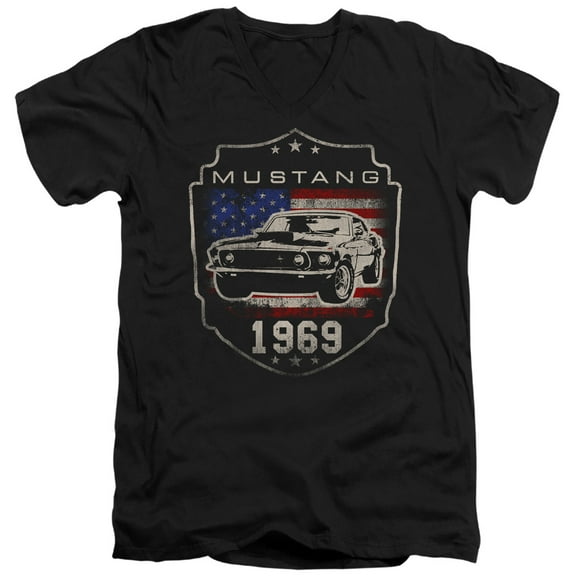Ford Mustang 1969 Flag Unisex Adult V-Neck T Shirt,Black, Large