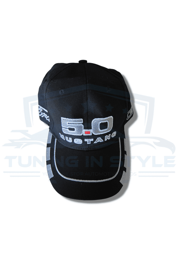 Ford Mustang 5.0 Embroidered Grey Logo Baseball Cap Black Official Licensed