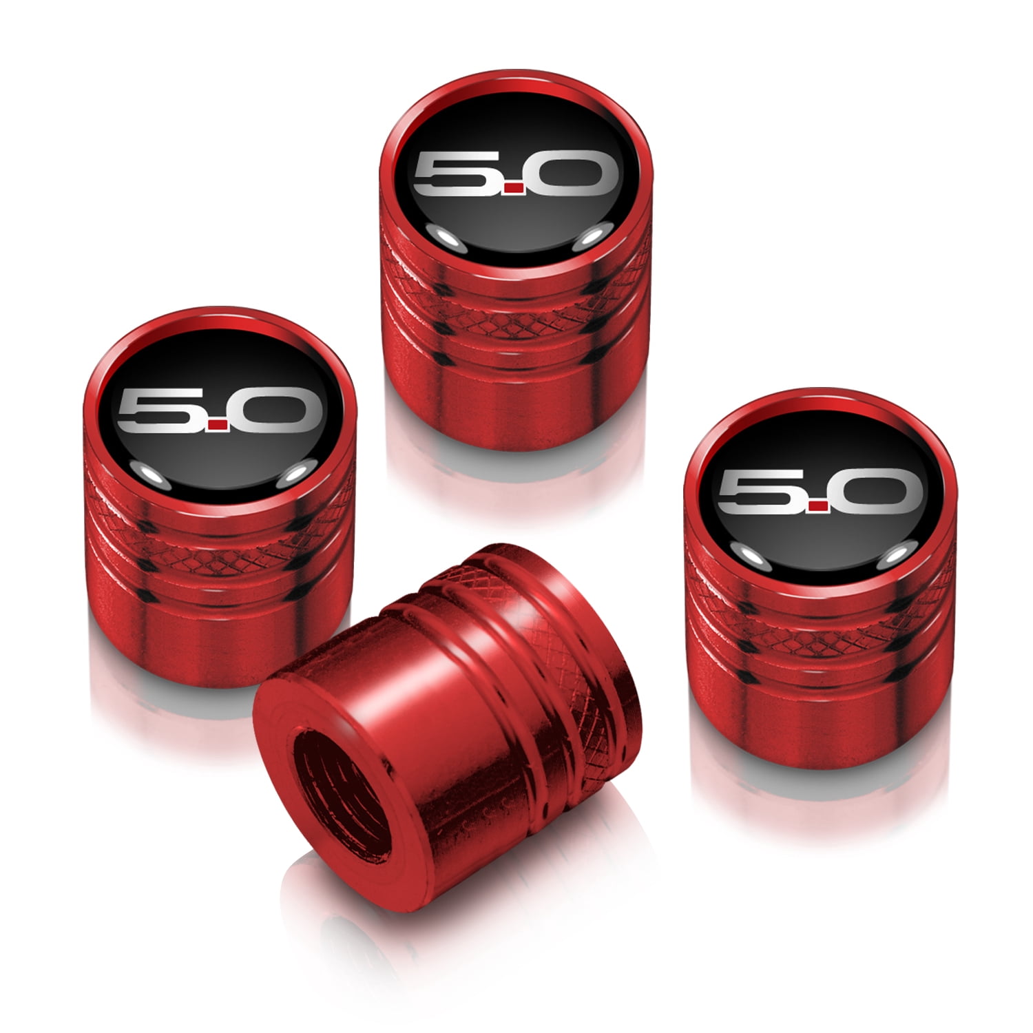 Ford Mustang 5.0 in Black on Red Aluminum Cylinder-Style Tire Valve Stem Caps