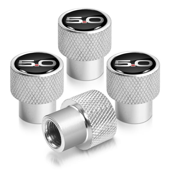 Ford Mustang 5.0 in Black on Silver Chrome Aluminum Tire Valve Stem Caps