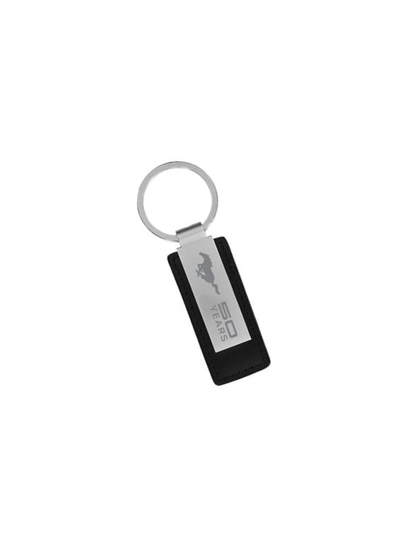 Mustang 50th Anniversary Black Leather & Metal Rectangular Key Chain Keychain Fob