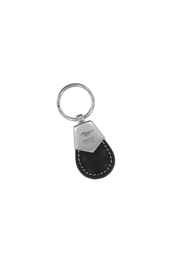 Mustang 50th Anniversary Black Leather & Silver Metal Rectangular Key Chain Keychain Fob