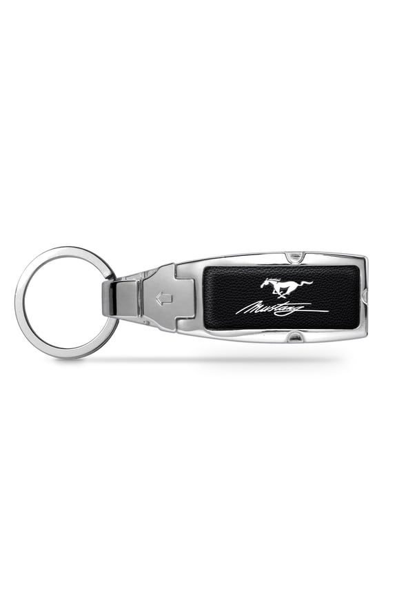 Ford Mustang Black Leather Detachable Ring Chrome Metal Belt Slide Key Chain