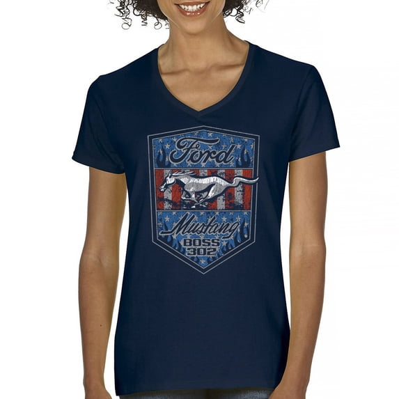Ford Mustang Boss 302 Women's V-Neck T-shirt American Muscle Car Fan Performance Racing Road Runner V8 1969 2012 Tee