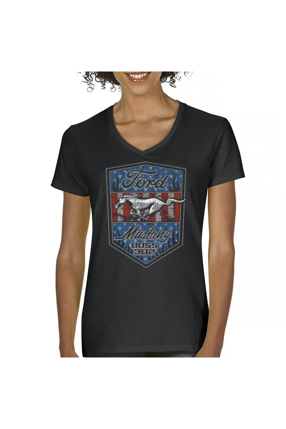 Ford Mustang Boss 302 Women's V-Neck T-shirt American Muscle Car Fan Performance Racing Road Runner V8 1969 2012 Tee