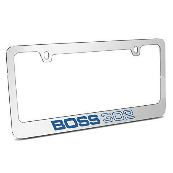 Ford Mustang Boss 302 in Blue 3D Embossed Letters on Mirror Chrome Metal License Plate Frame
