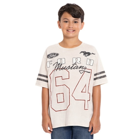Ford Mustang Boys Mineral Washed Graphic Football Tee with Short Sleeves, Sizes 4-18