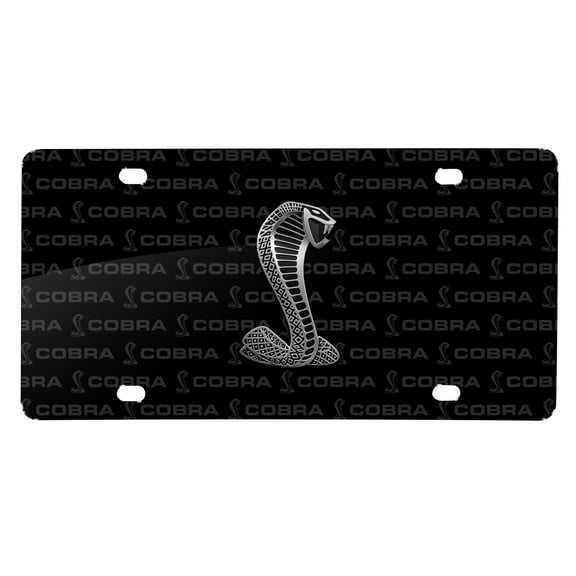 Ford Mustang Cobra 3D Logo on Logo Pattern Black Aluminum License Plate