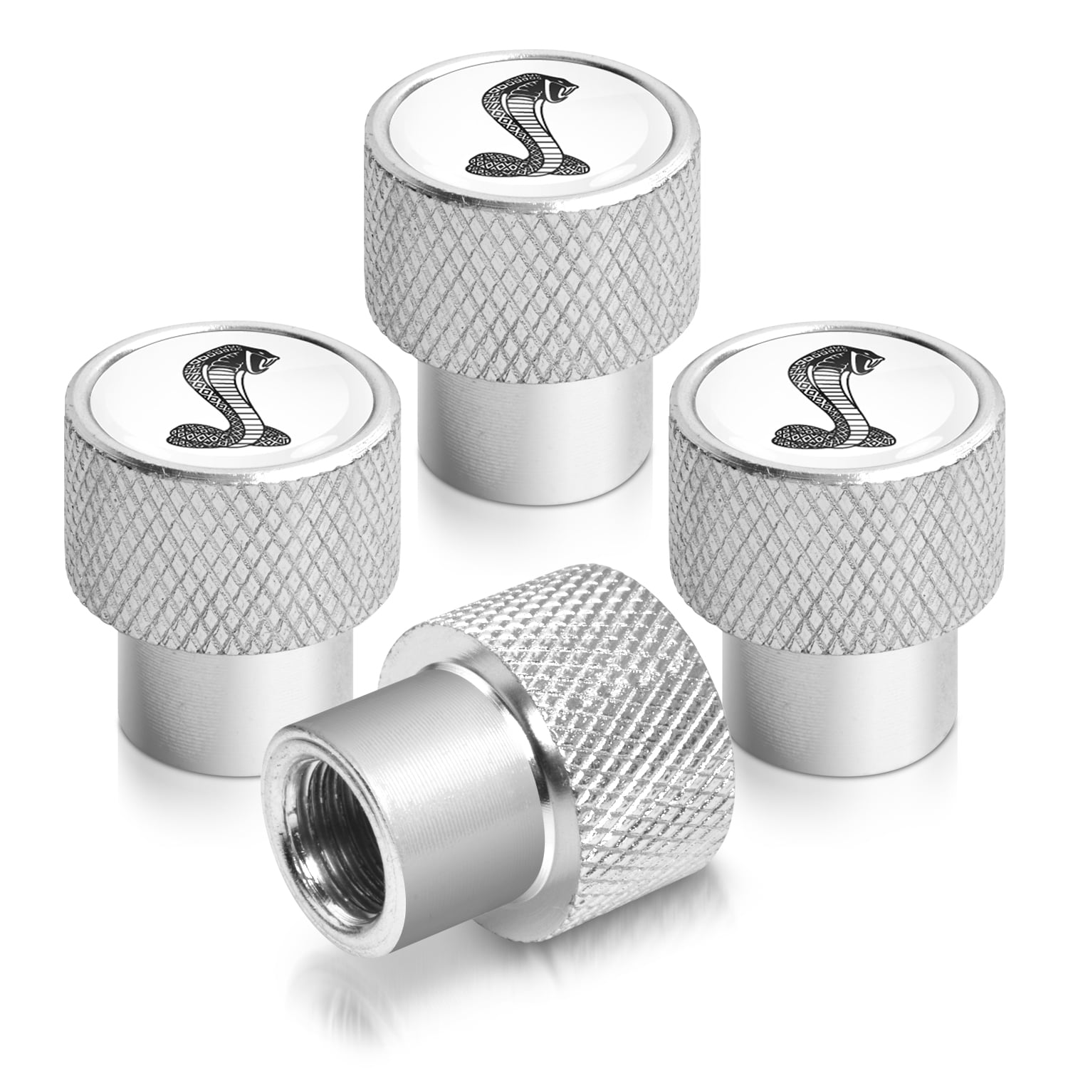 Ford Mustang Cobra in White on Silver Chrome Aluminum Tire Valve Stem Caps
