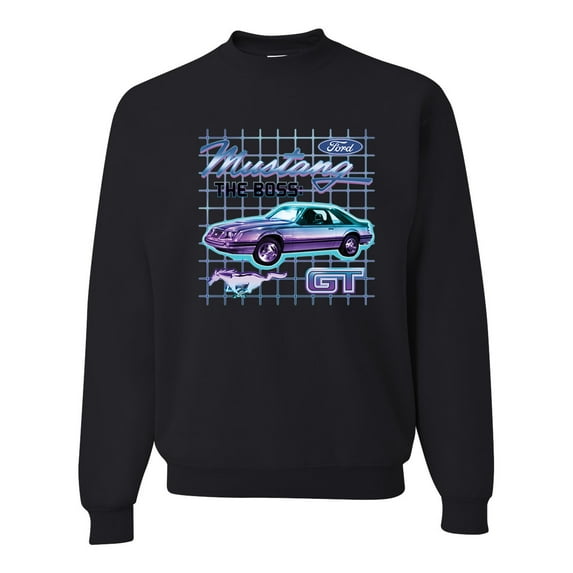 Ford Mustang GT The Boss Retro Neon Vintage | Mens Cars and Trucks Crewneck Graphic Sweatshirt, Black, Large