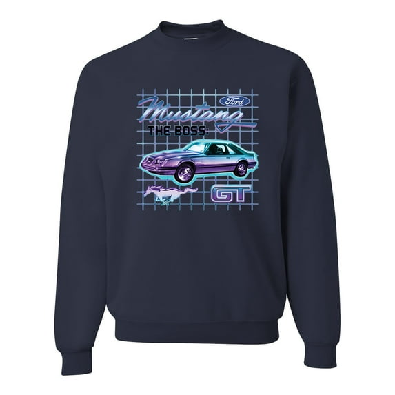 Ford Mustang GT The Boss Retro Neon Vintage | Mens Cars and Trucks Crewneck Graphic Sweatshirt, Navy, 3XL