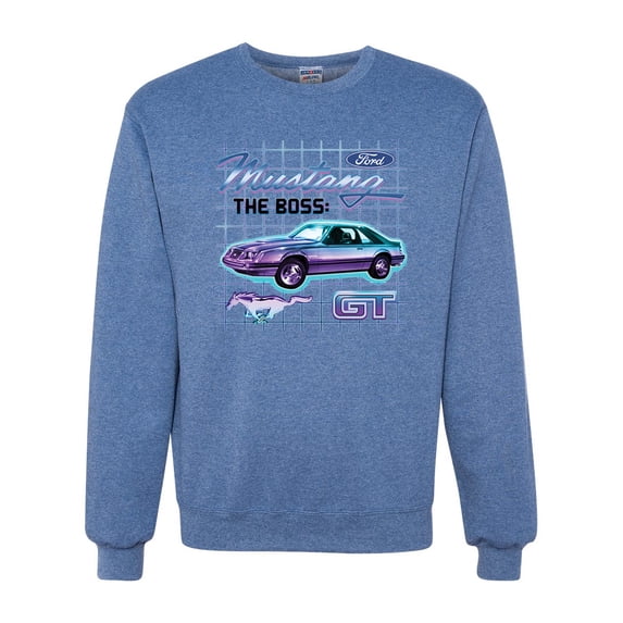Ford Mustang GT The Boss Retro Neon Vintage | Mens Cars and Trucks Crewneck Graphic Sweatshirt, Vintage Heather Blue, 2XL