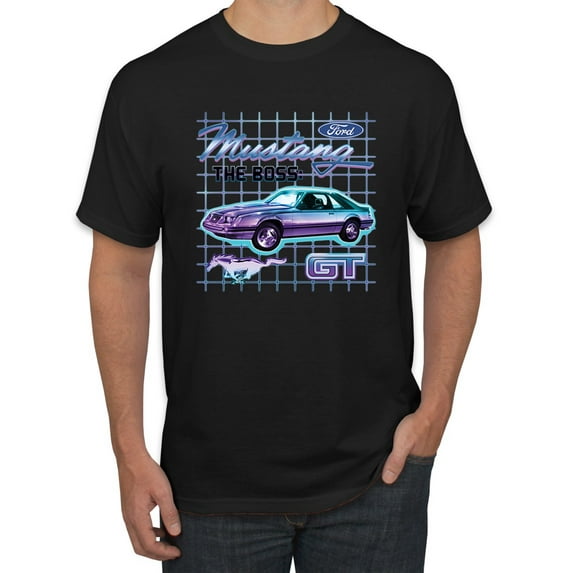 Ford Mustang GT The Boss Retro Neon Vintage | Mens Cars and Trucks Graphic T-Shirt, Black, 4XL