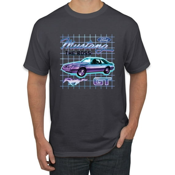 Ford Mustang GT The Boss Retro Neon Vintage | Mens Cars and Trucks Graphic T-Shirt, Charcoal, 2XL