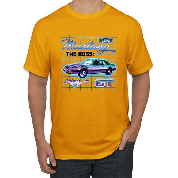 Ford Mustang GT The Boss Retro Neon Vintage | Mens Cars and Trucks Graphic T-Shirt, Gold, Small
