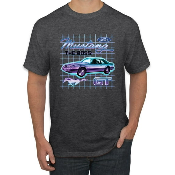 Ford Mustang GT The Boss Retro Neon Vintage | Mens Cars and Trucks Graphic T-Shirt, Heather Black, X-Large