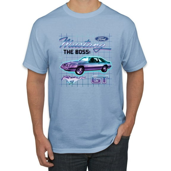 Ford Mustang GT The Boss Retro Neon Vintage | Mens Cars and Trucks Graphic T-Shirt, Light Blue, X-Large