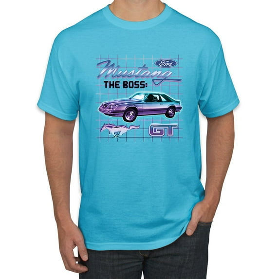 Ford Mustang GT The Boss Retro Neon Vintage | Mens Cars and Trucks Graphic T-Shirt, Light Turquoise, Large
