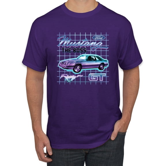 Ford Mustang GT The Boss Retro Neon Vintage | Mens Cars and Trucks Graphic T-Shirt, Purple, Large