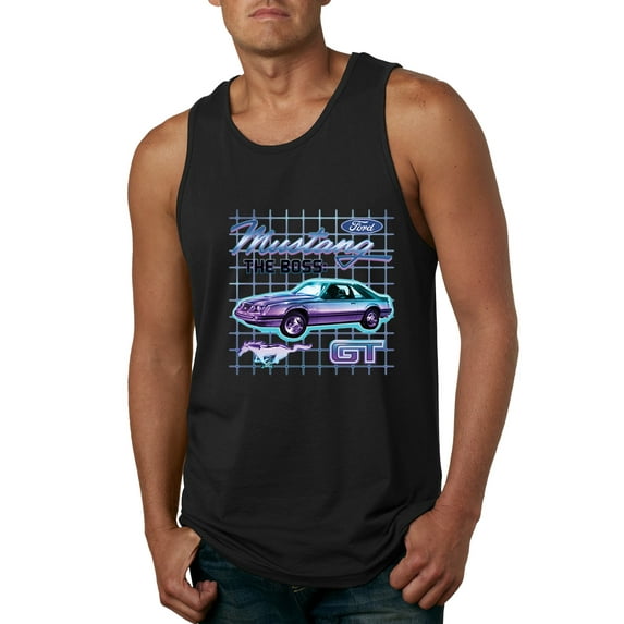 Ford Mustang GT The Boss Retro Neon Vintage | Mens Cars and Trucks Graphic Tank Top, Black, Small