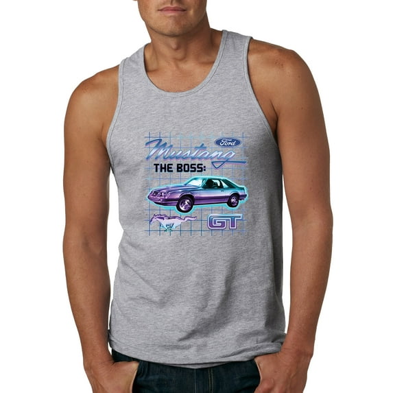 Ford Mustang GT The Boss Retro Neon Vintage | Mens Cars and Trucks Graphic Tank Top, Heather Grey, Medium