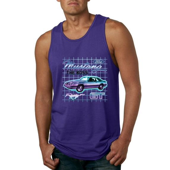 Ford Mustang GT The Boss Retro Neon Vintage | Mens Cars and Trucks Graphic Tank Top, Purple, 2XL