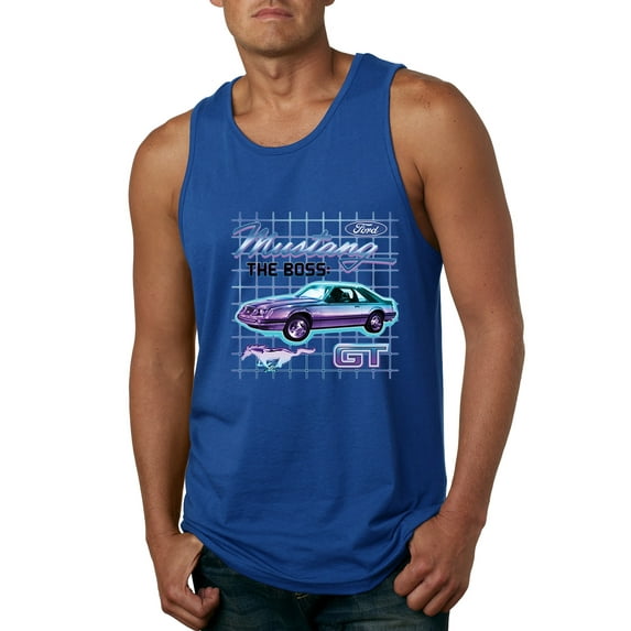 Ford Mustang GT The Boss Retro Neon Vintage | Mens Cars and Trucks Graphic Tank Top, Royal, Large