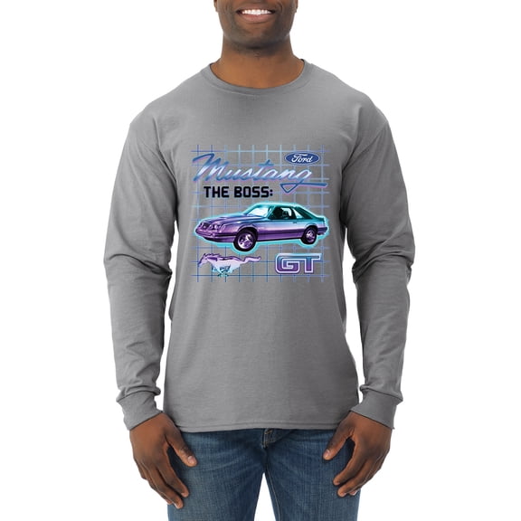 Ford Mustang GT The Boss Retro Neon Vintage | Mens Cars and Trucks Long Sleeve T-Shirt, Heather Grey, 2XL