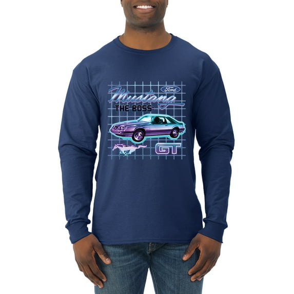 Ford Mustang GT The Boss Retro Neon Vintage | Mens Cars and Trucks Long Sleeve T-Shirt, Navy, Large