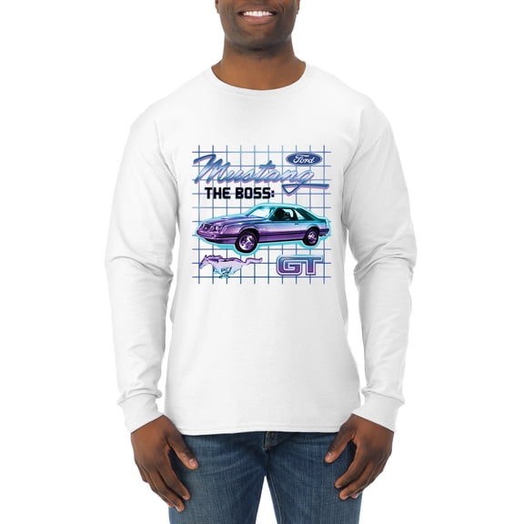 Ford Mustang GT The Boss Retro Neon Vintage | Mens Cars and Trucks Long Sleeve T-Shirt, White, X-Large