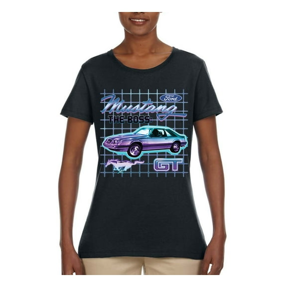 Ford Mustang GT The Boss Retro Neon Vintage | Womens Cars and Trucks Graphic T-Shirt, Black, Small
