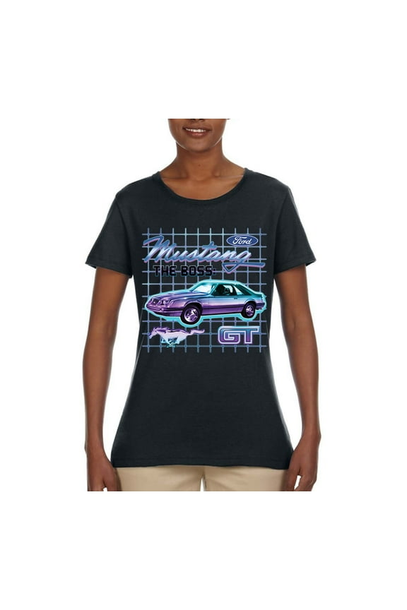 Ford Mustang GT The Boss Retro Neon Vintage | Womens Cars and Trucks Graphic T-Shirt, Black, Small