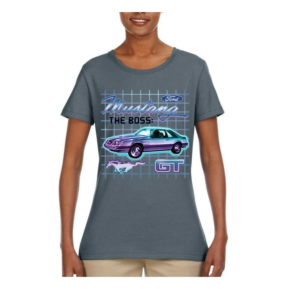 Ford Mustang GT The Boss Retro Neon Vintage | Womens Cars and Trucks Graphic T-Shirt, Charcoal, Medium