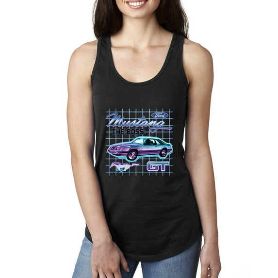 Ford Mustang GT The Boss Retro Neon Vintage | Womens Cars and Trucks Jersey Racerback Tank Top, Black, Large