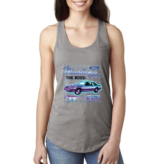 Ford Mustang GT The Boss Retro Neon Vintage | Womens Cars and Trucks Jersey Racerback Tank Top, Heather Grey, Large