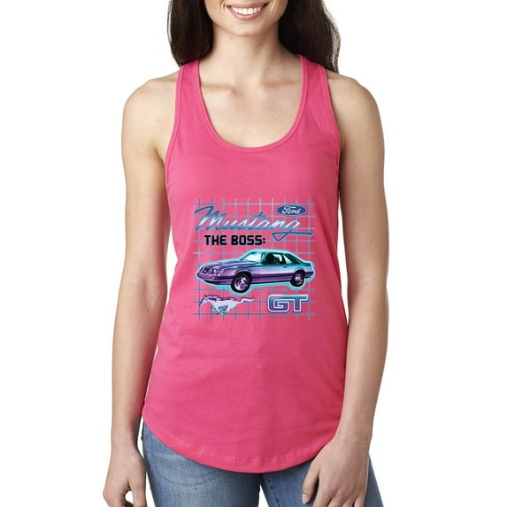 Ford Mustang GT The Boss Retro Neon Vintage | Womens Cars and Trucks Jersey Racerback Tank Top, Hot Pink, Medium
