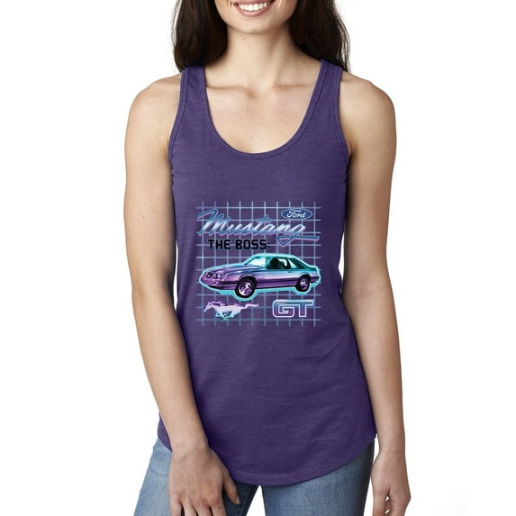 Ford Mustang GT The Boss Retro Neon Vintage | Womens Cars and Trucks Jersey Racerback Tank Top, Purple Rush, Medium