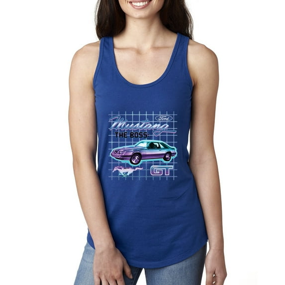 Ford Mustang GT The Boss Retro Neon Vintage | Womens Cars and Trucks Jersey Racerback Tank Top, Royal, X-Large