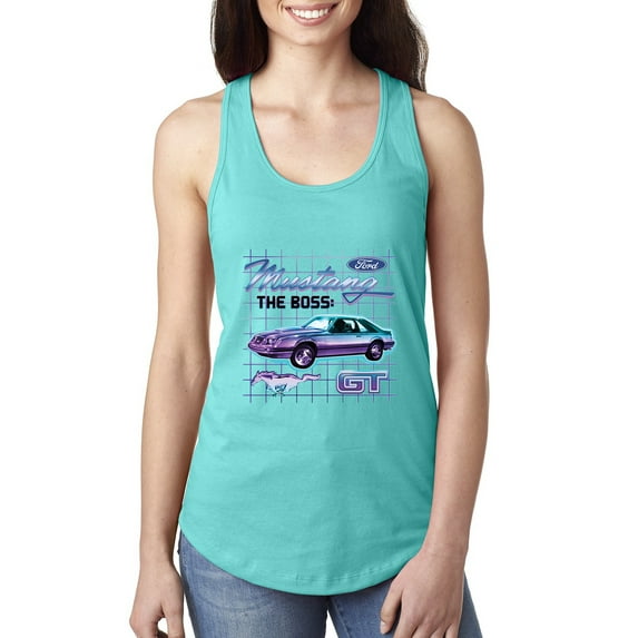 Ford Mustang GT The Boss Retro Neon Vintage | Womens Cars and Trucks Jersey Racerback Tank Top, Tahiti Blue, Small