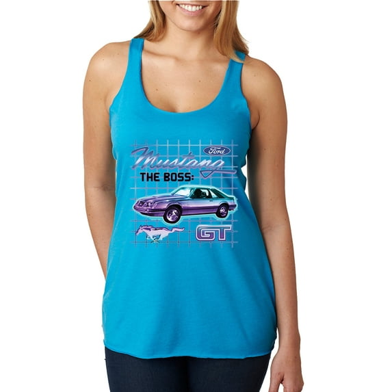 Ford Mustang GT The Boss Retro Neon Vintage | Womens Cars and Trucks Premium Tri-Blend Racerback Tank Top, Vintage Turquoise, Medium