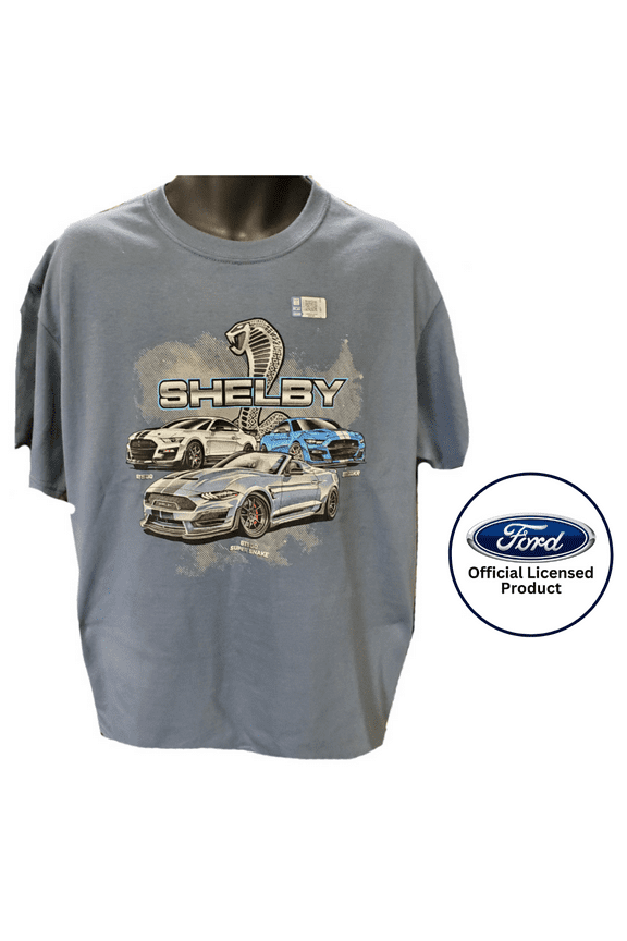 Ford Mustang GT500 Shelby Cobra Logo Cotton T-Shirt Steel Blue Official Licensed (XL)