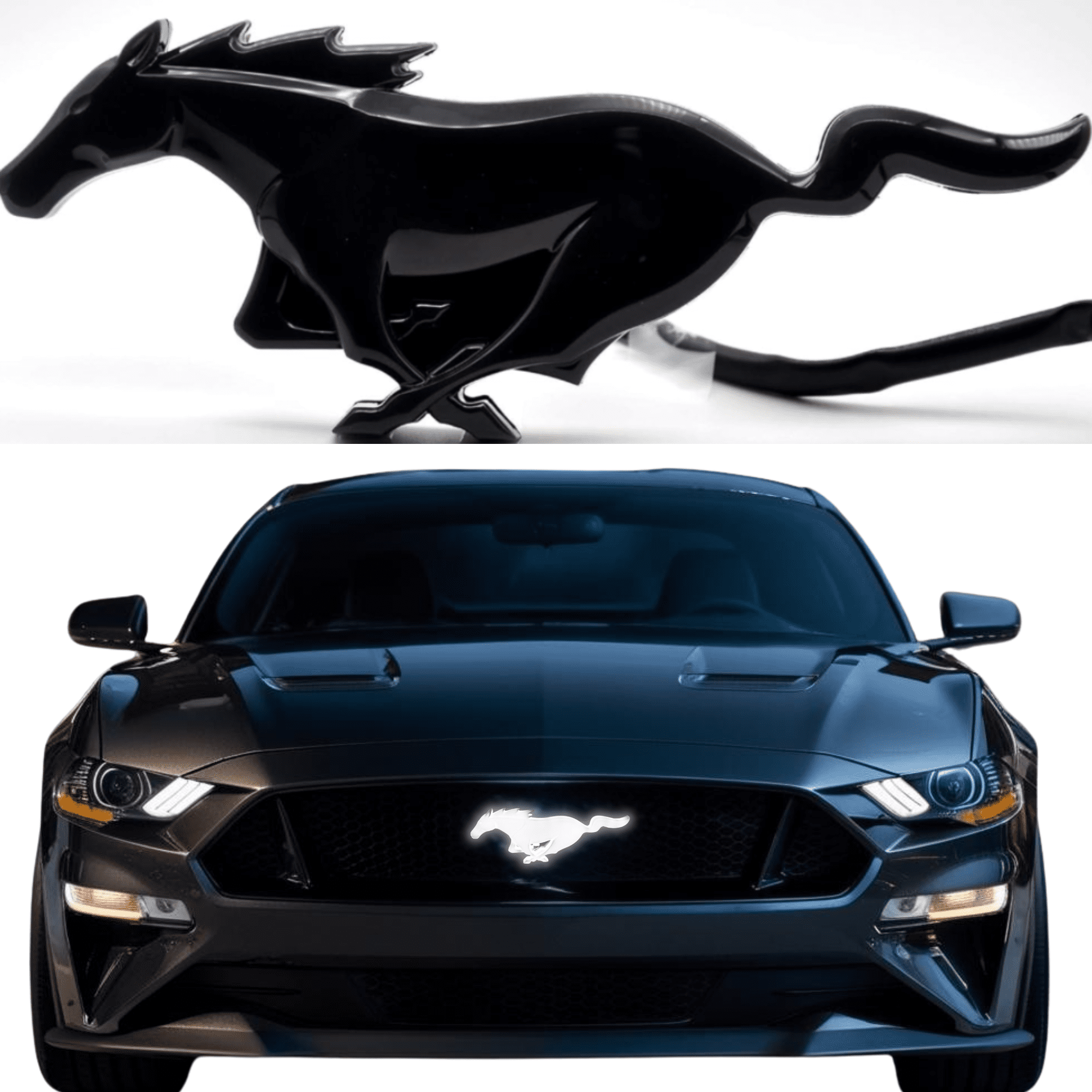 Ford Mustang LED Grille Emblem (2015–2024) – Black Housing, White Illumination, Plug & Play, OEM Fit
