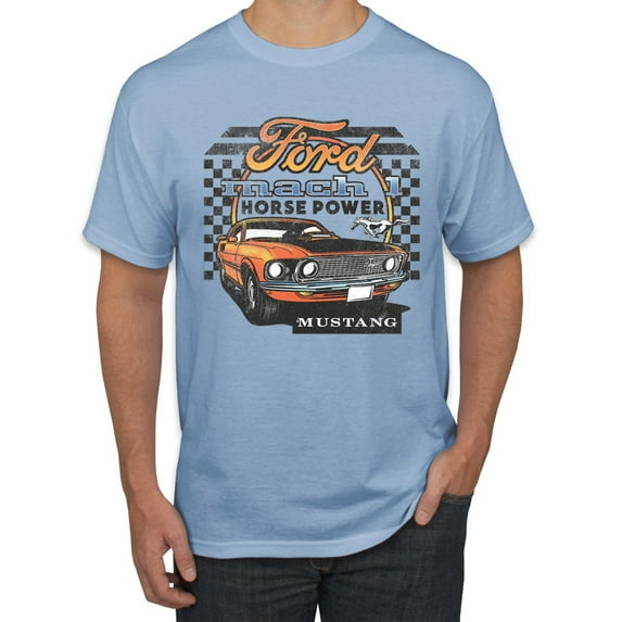 Ford Mustang Mach 1 Horse Power Classic Racing | Mens Cars and Trucks Graphic T-Shirt, Light Blue, Medium