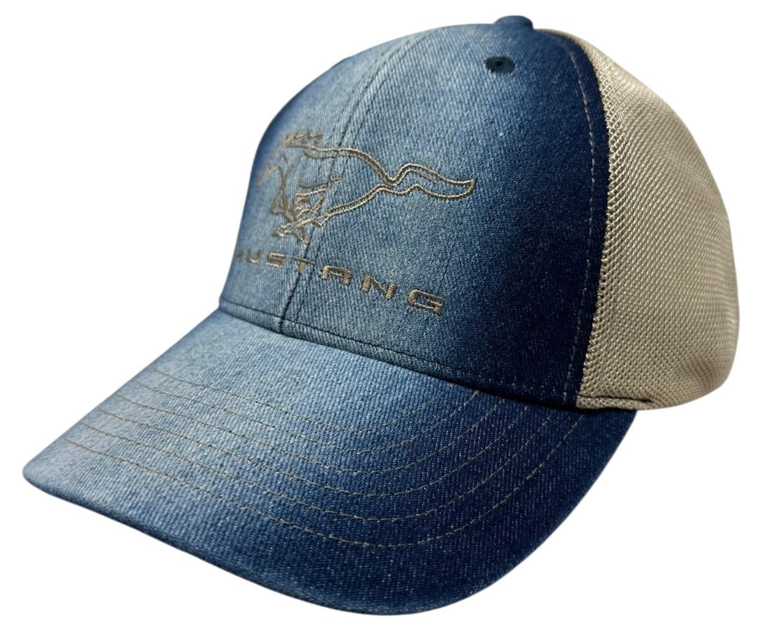 Ford Mustang Men's Hat Embroidered Logo Blue Denim Mesh Panels Adjustable Cap