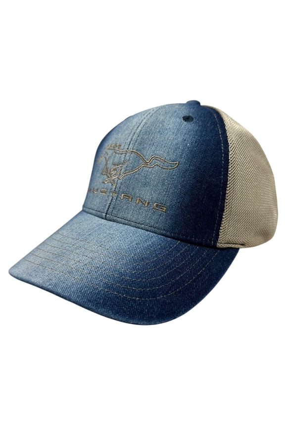 Mustang Men's Hat Embroidered Logo Blue Denim Mesh Panels Adjustable Cap