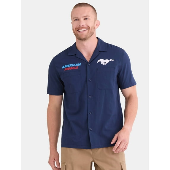 Ford Mustang Men's and Big Men's Front and Back Graphic Button Up Workwear Style Mechanics Shirt with Short Sleeves, Sizes S-3XL