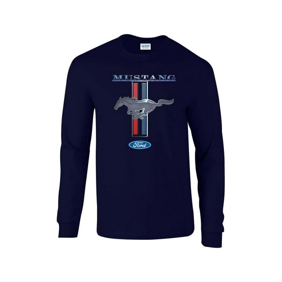 Ford Mustang Pony & Stripes Ford Motors Car Truck Men's Long Sleeve T-shirt Racing Performance Classic Muscle Car-Navy-Medi