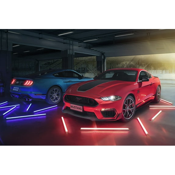 Ford Mustang Red and Blue Neon Lights Art Home Decor - 12x18 Inch Laminated Poster - Stunning Detail and Bold Colors